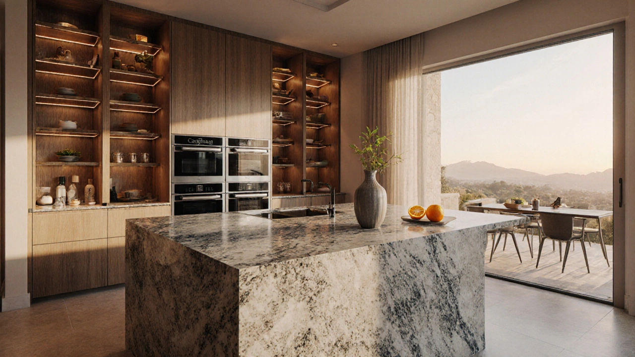 Luxus-Küche mit Quarzit-Insel, versteckten Vorratsregalen und natürlichem Licht am Morgen.
