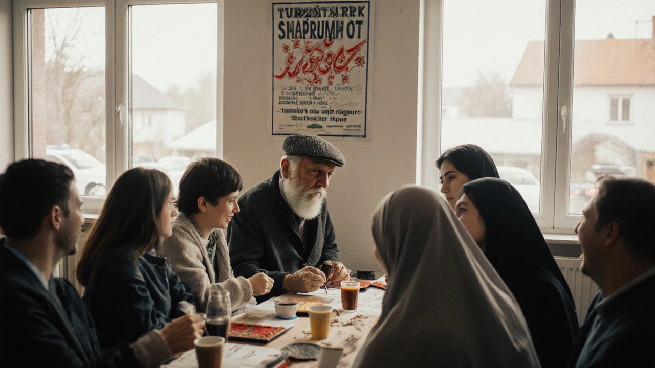 Mehrgenerationenfamilie in einem Gemeindezentrum, die gemeinsam Kaffee trinkt und türkische Kalligraphie lernt.