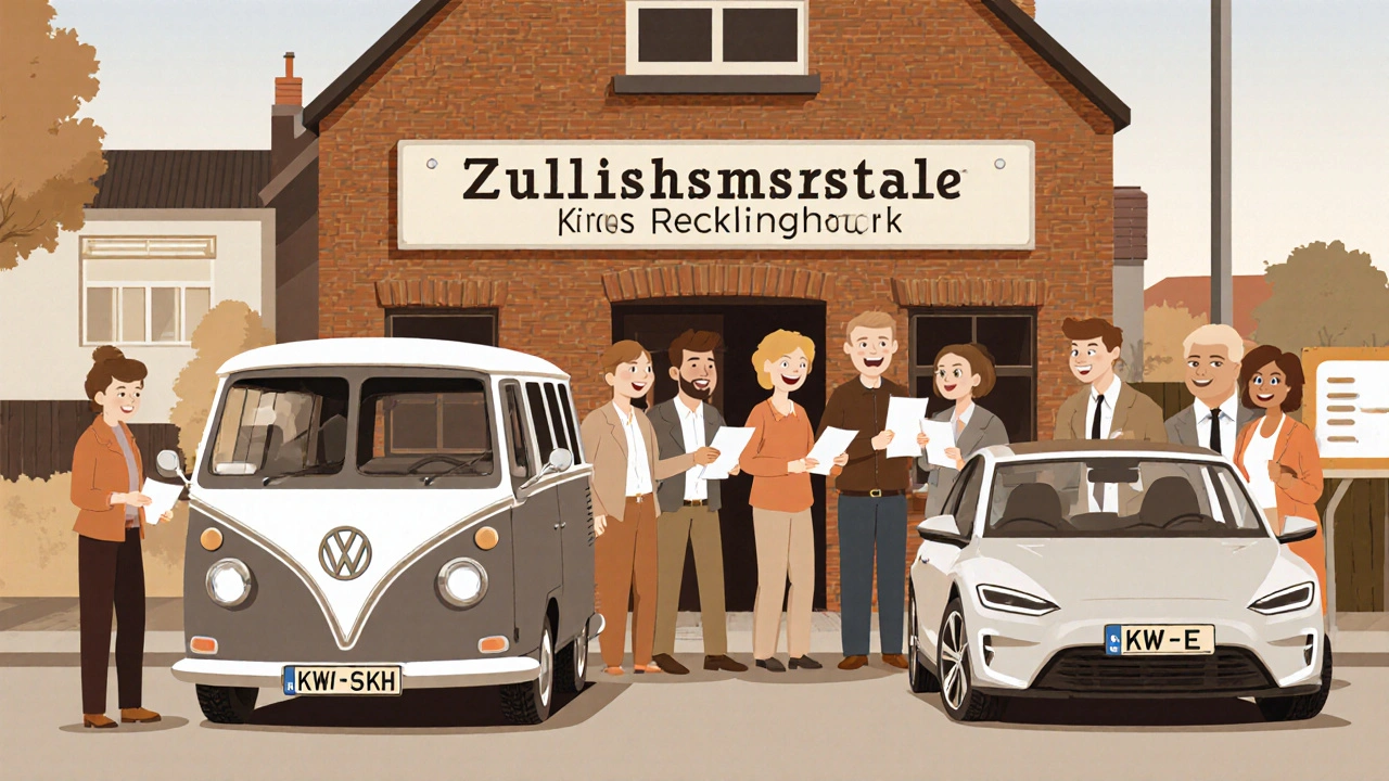 Menschen vor der Zulassungsstelle des Kreises Recklinghausen mit Autos, die KW-Kennzeichen tragen, in freundlicher Atmosphäre.