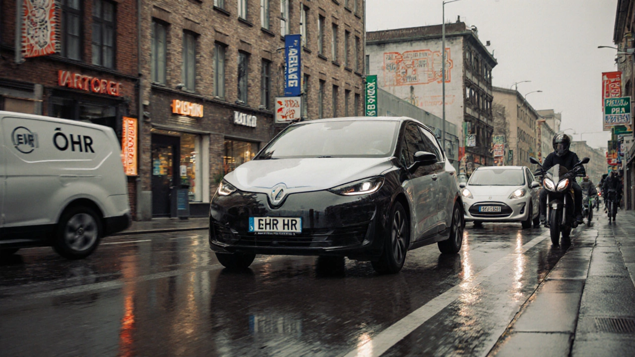 Moderne Fahrzeuge mit ÖHR-Kennzeichen fahren durch eine Stadtstraße in Oer-Erkenschwick.