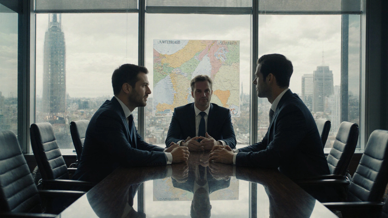 Moderne Unternehmenszentrale in Düsseldorf mit Blick auf Europa und geschäftige Manager.