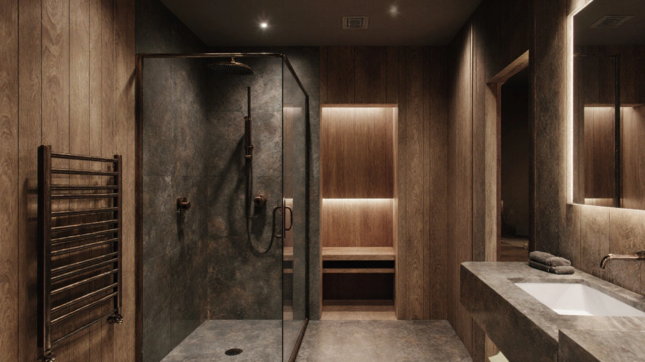 Modernes Badezimmer mit kupfernen Armaturen, integrierter Sauna und verborgener Lüftung in ruhiger, entspannter Atmosphäre.