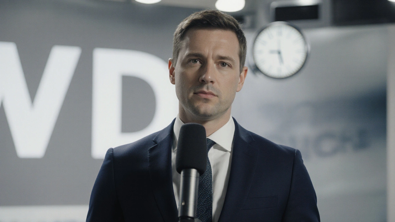 Nachrichtensprecher im WDR-Studio spricht klar und neutral in die Kamera.