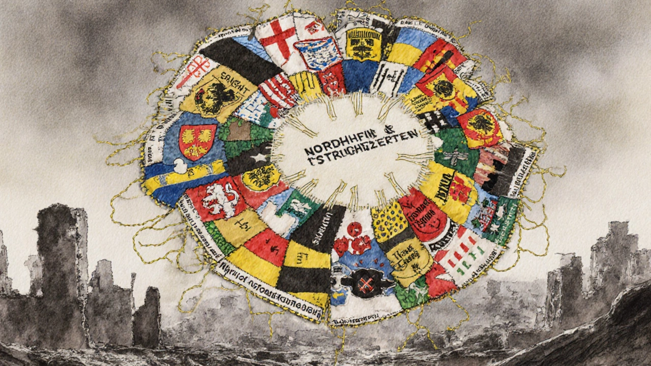 Patchwork quilt of short-lived German states from 1945–1949, stitched with Allied control threads.