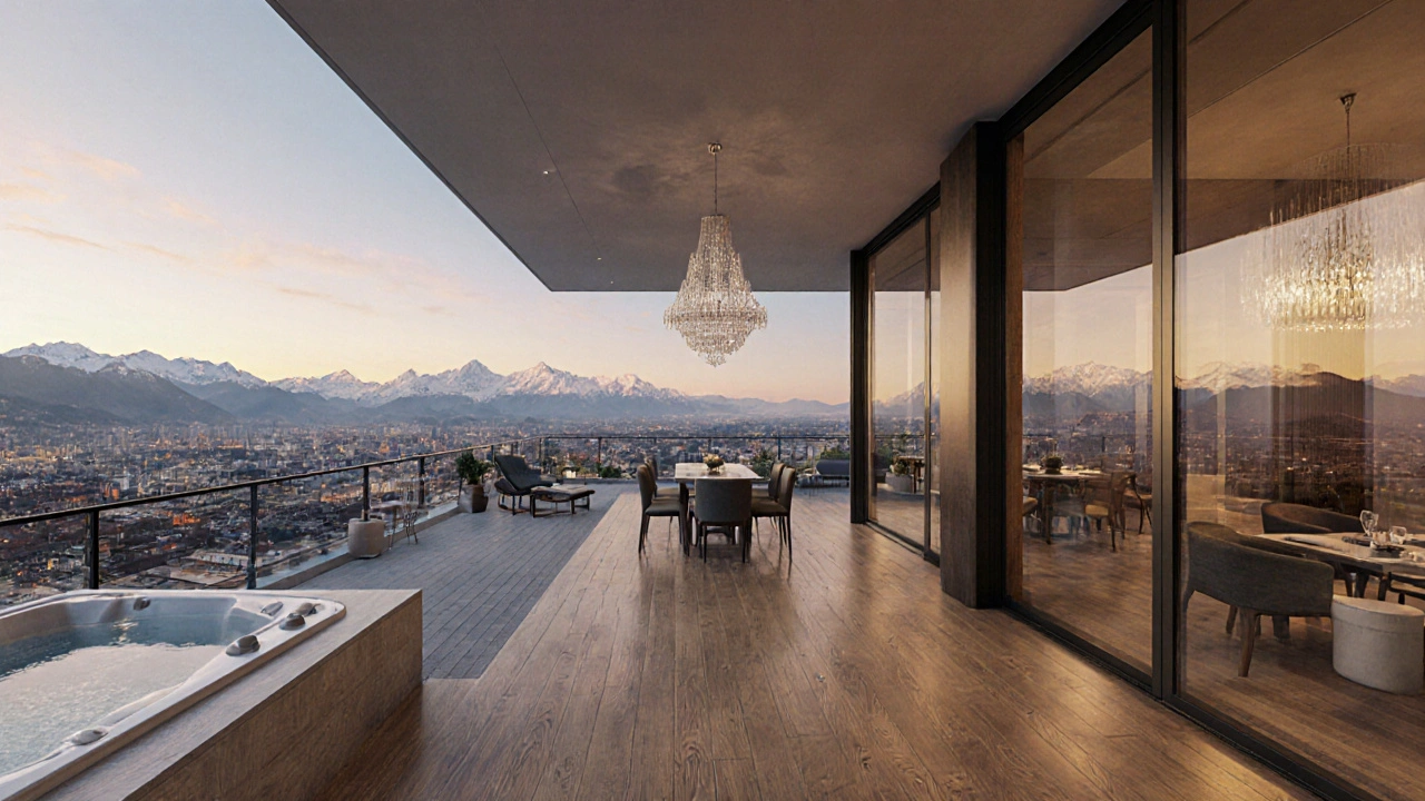 Penthouse mit Terrasse, Whirlpool und atemberaubendem Blick über die Alpen bei Sonnenuntergang.