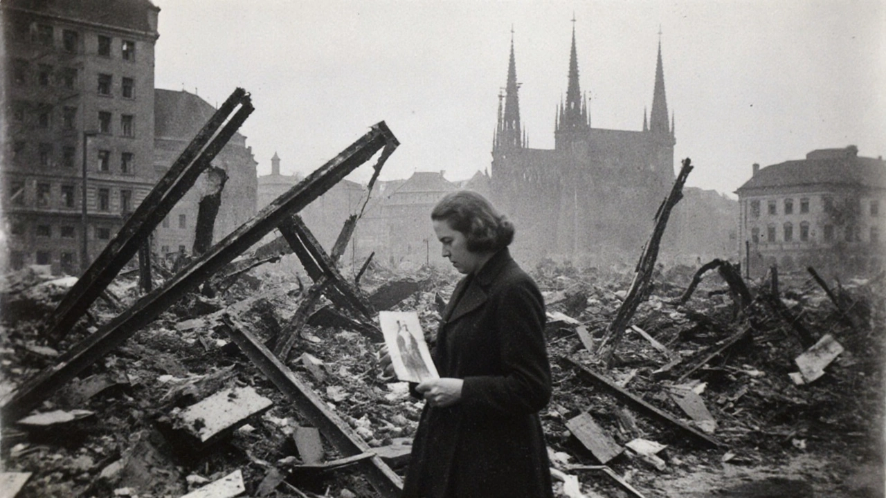 Postkriegs-Düsseldorf 1945: Trümmerfeld am Rathausplatz, eine Frau steht allein inmitten von Schutt.