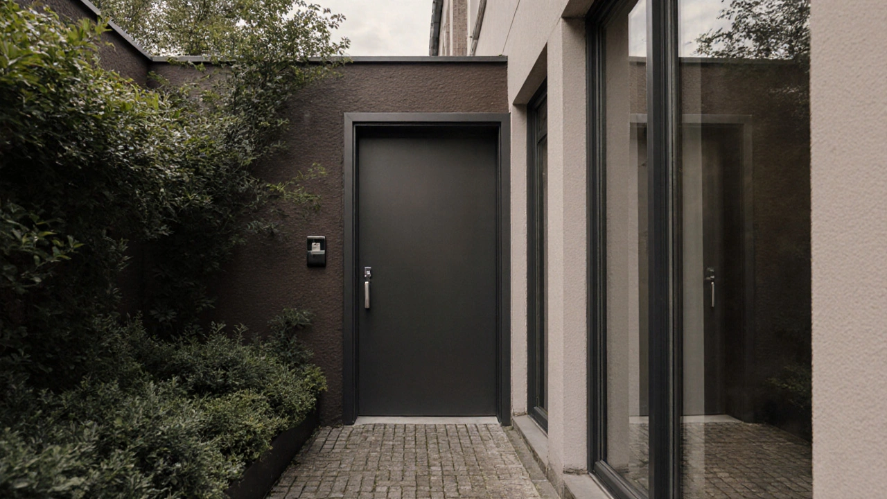 Privater Rückzug mit massiver Eingangstür und dichter Begrünung, ruhige städtische Atmosphäre.