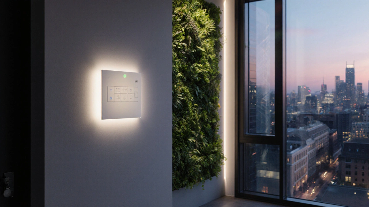 Smart-Home-Steuerung an der Eingangswand mit begrünter Wand und Solarfenstern, die nachhaltige Technik verbergen.