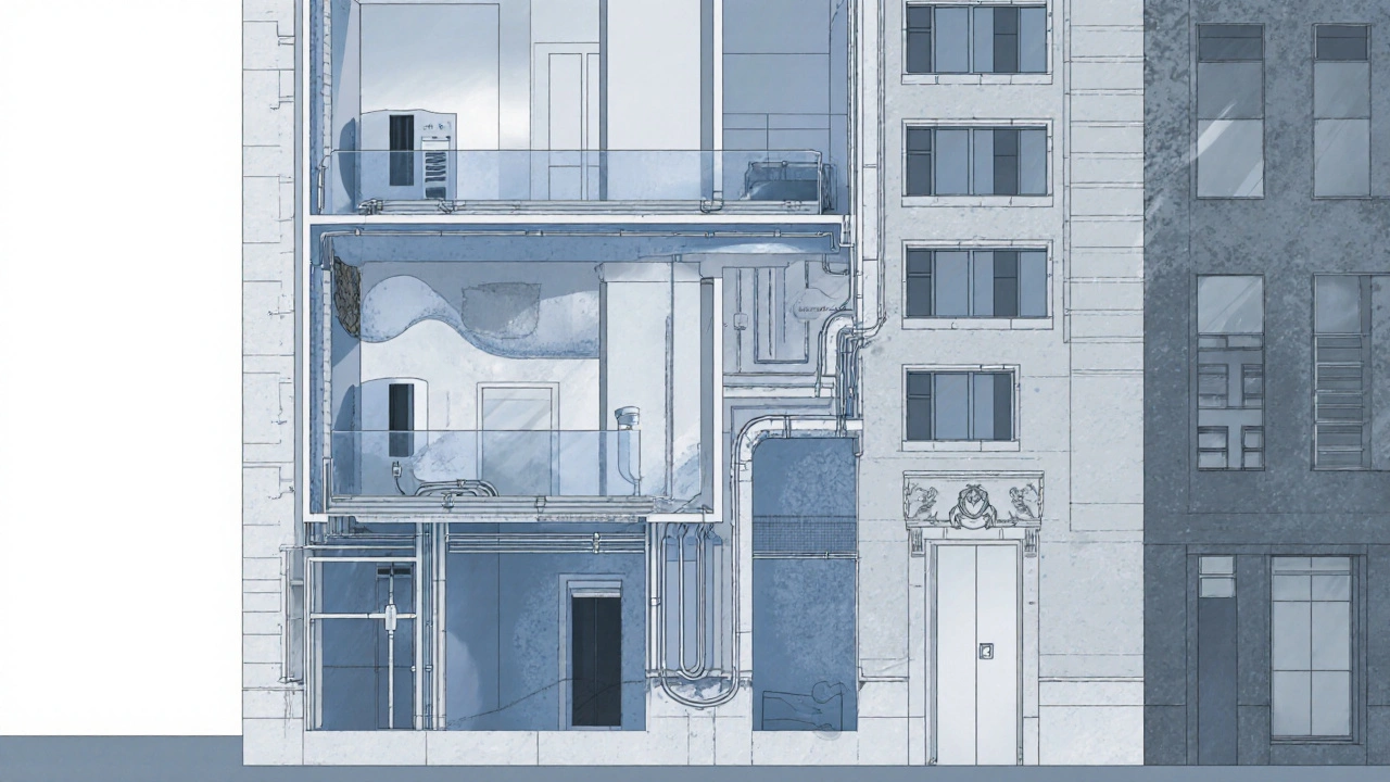 Technische Darstellung der unsichtbaren Systeme eines Luxus-Apartments in historischem Gebäude.