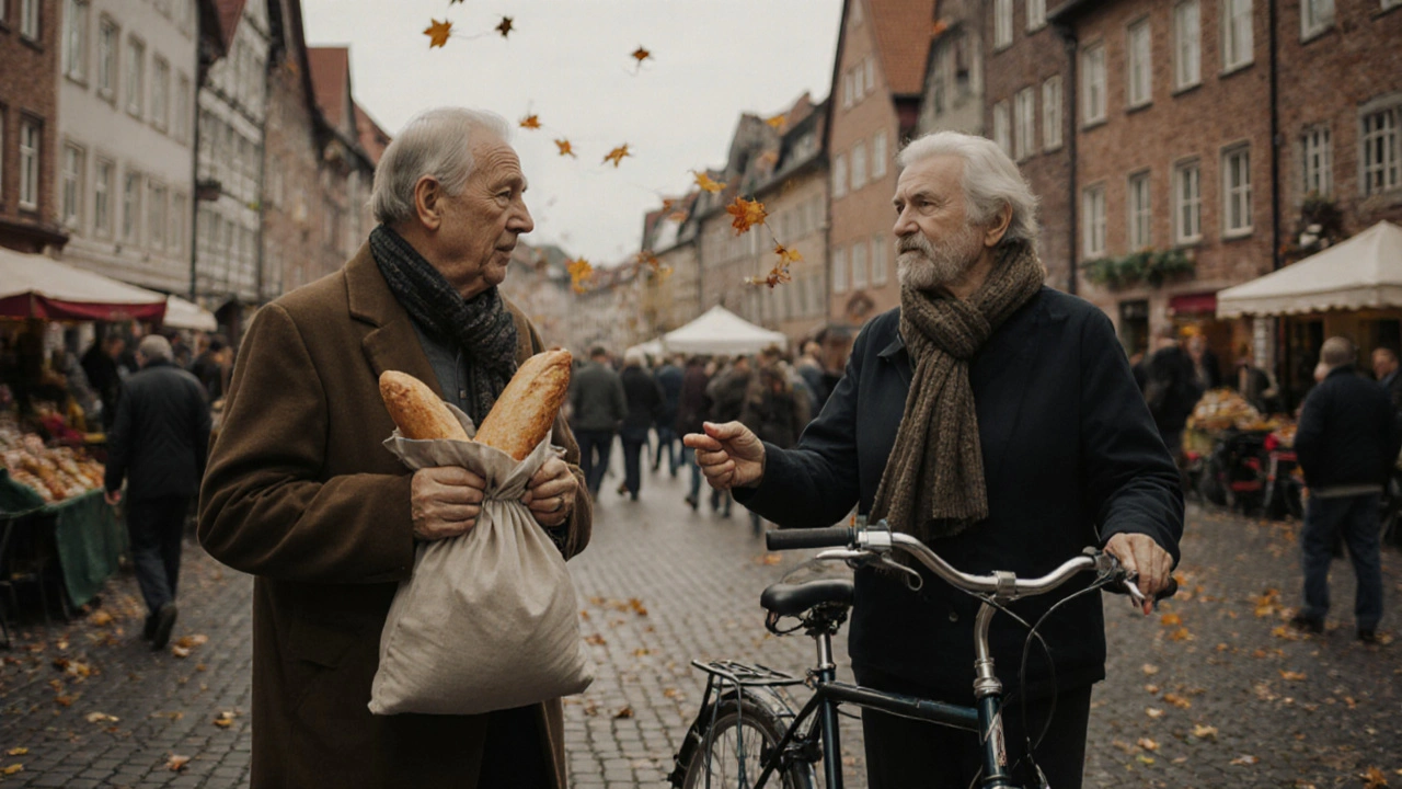 Zwei Menschen in Münster tauschen eine kurze, freundliche &quot;Na?&quot;-Begrüßung aus.