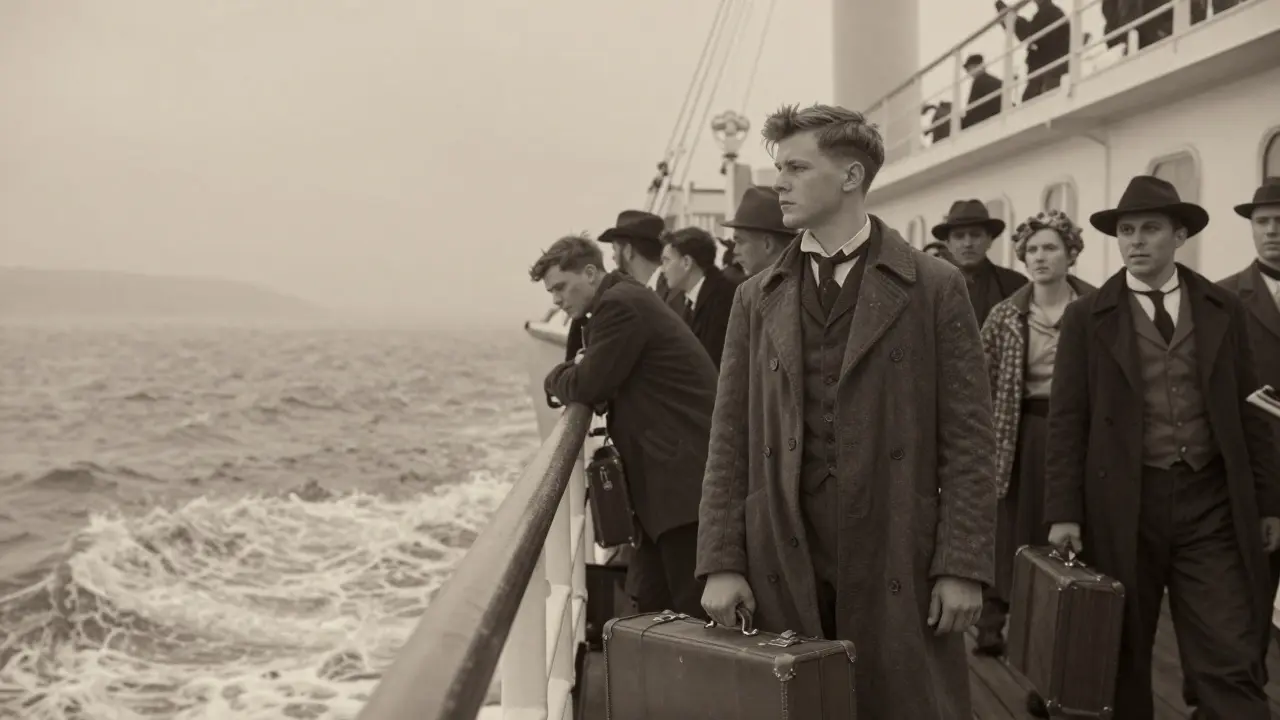 Auswanderer auf dem Deck eines Dampfschiffs im Jahr 1872, blickend Richtung Amerika.