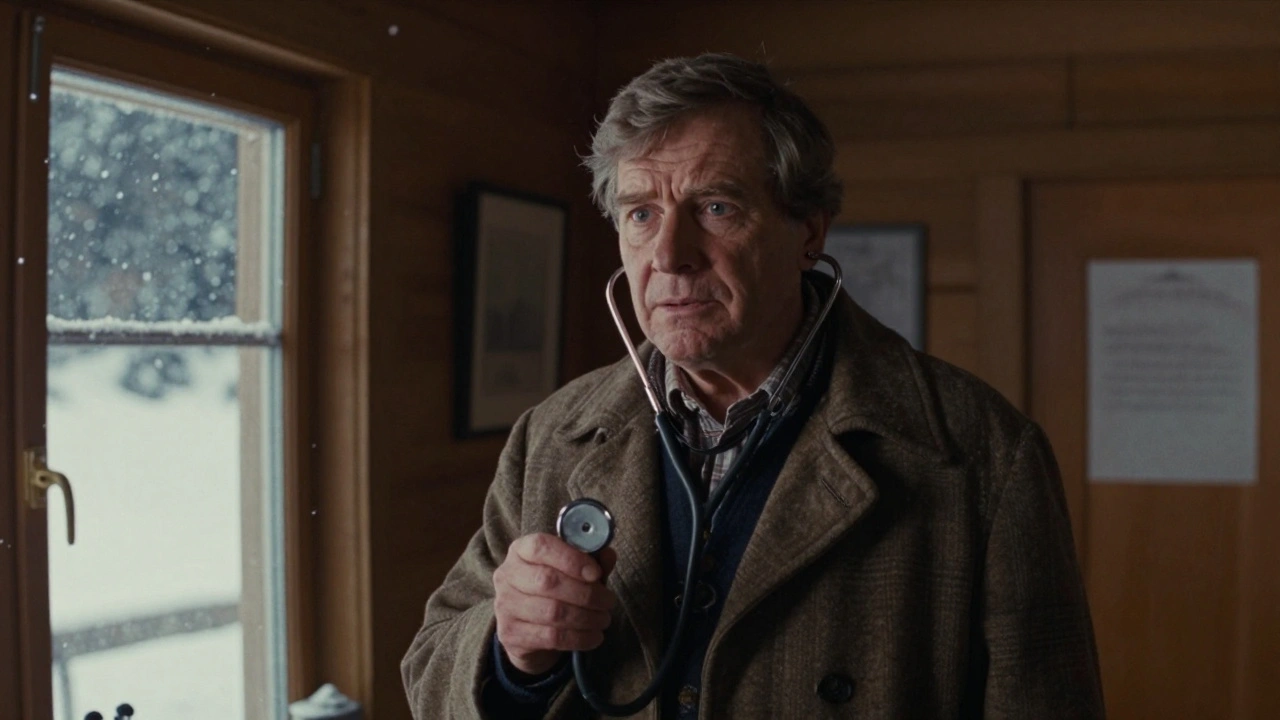 Bernd Hölscher als Bergdoktor in einer holzgetäfelten Praxis, Schnee fällt draußen.