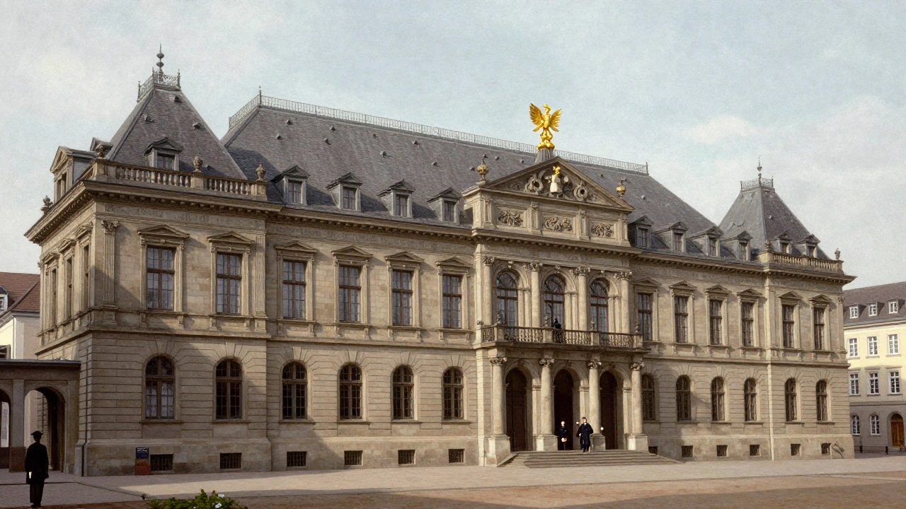 Das Landeshaus in Düsseldorf 1946 mit britischen Beamten und dem goldenen Adler auf dem Dach.