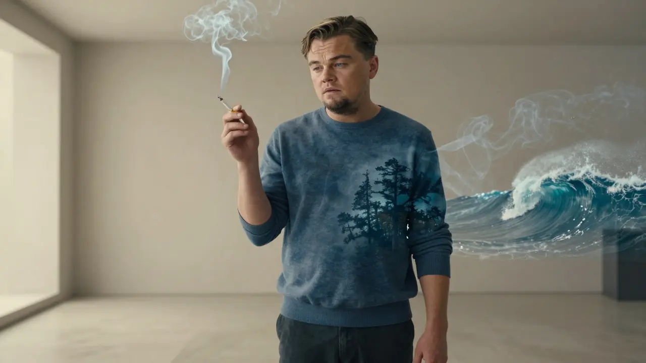 DiCaprio hält eine unangezündete Zigarette, während Rauch in Naturbilder übergeht.