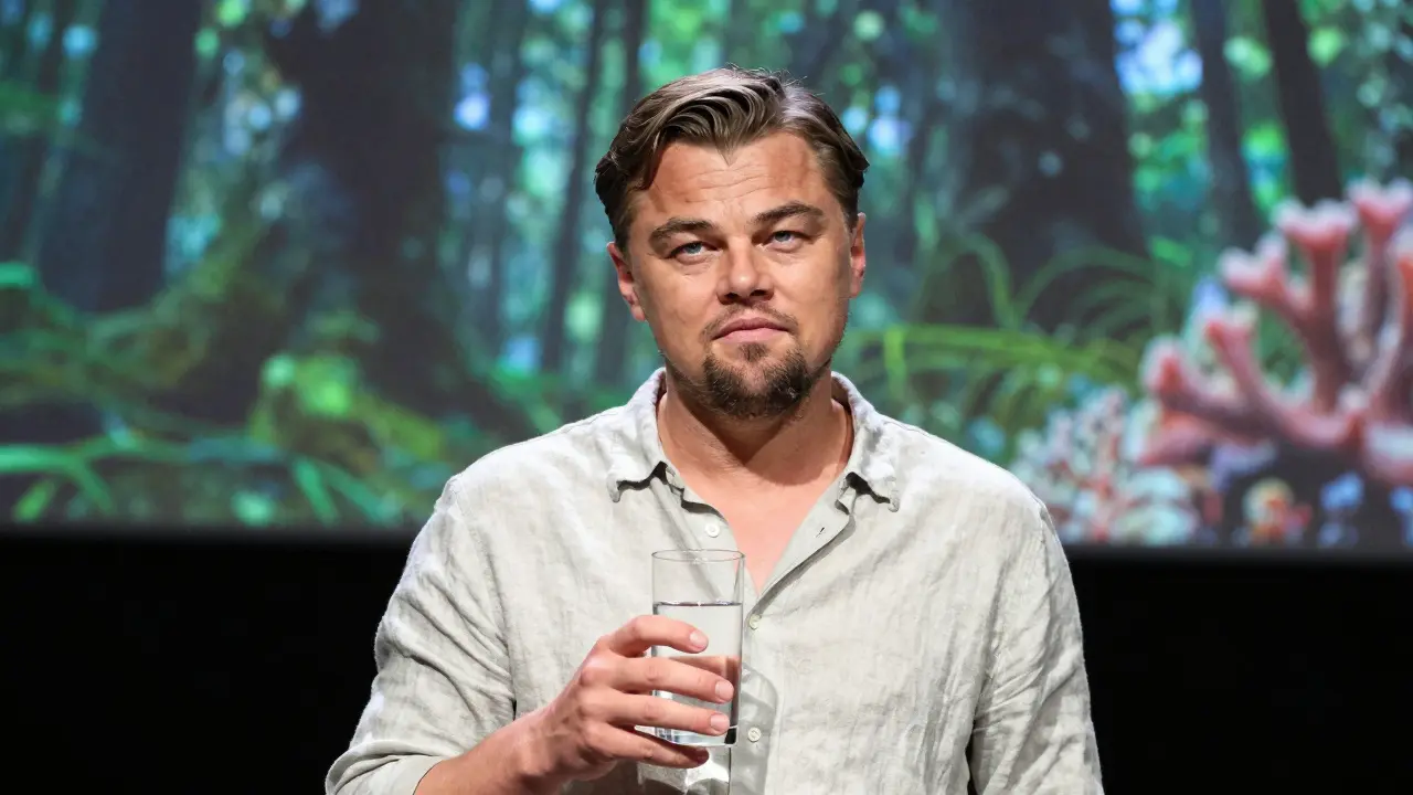 DiCaprio mit einem Wasserglas bei einer Klimakonferenz, entschlossen und rauchfrei.