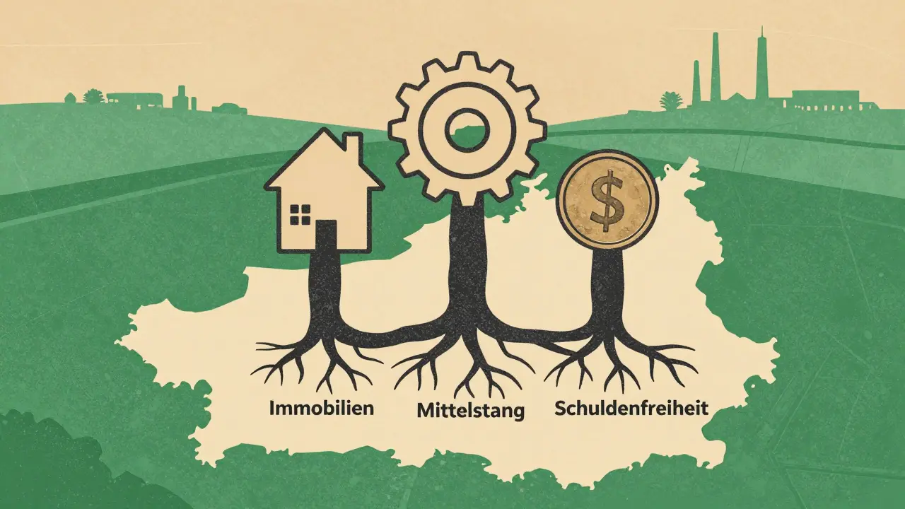 Drei Säulen aus Haus, Zahnrad und Münze, verwurzelt in einer Landschaft, symbolisieren nachhaltigen Reichtum ohne Text.