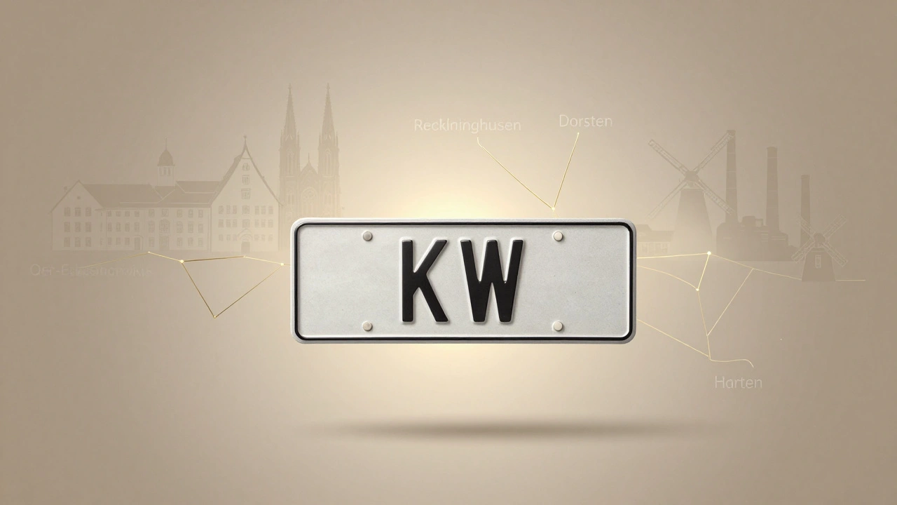 Ein historisches KW-Kennzeichen mit schematischen Silhouetten der Gemeinden des Kreises Recklinghausen umgeben.