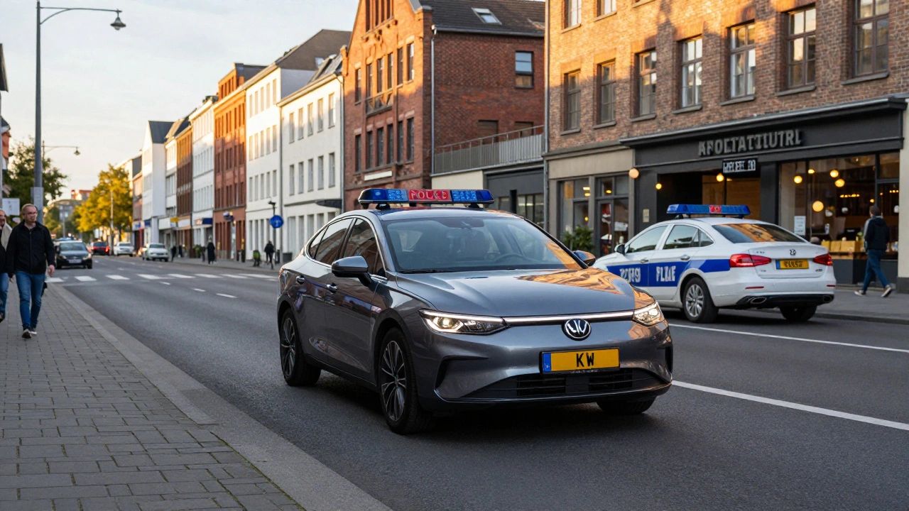 Ein modernes Auto mit KW-Kennzeichen fährt durch eine Straße im Ruhrgebiet, ein Polizeiauto mit KW im Hintergrund.