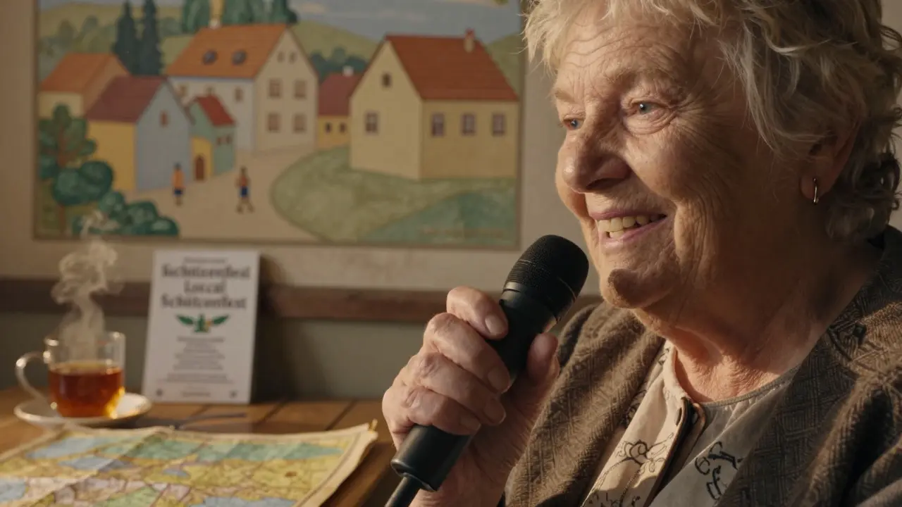 Eine ältere Frau spricht in ein Mikrofon, während hinter ihr eine Wandmalerei die Dorfgeschichte zeigt.