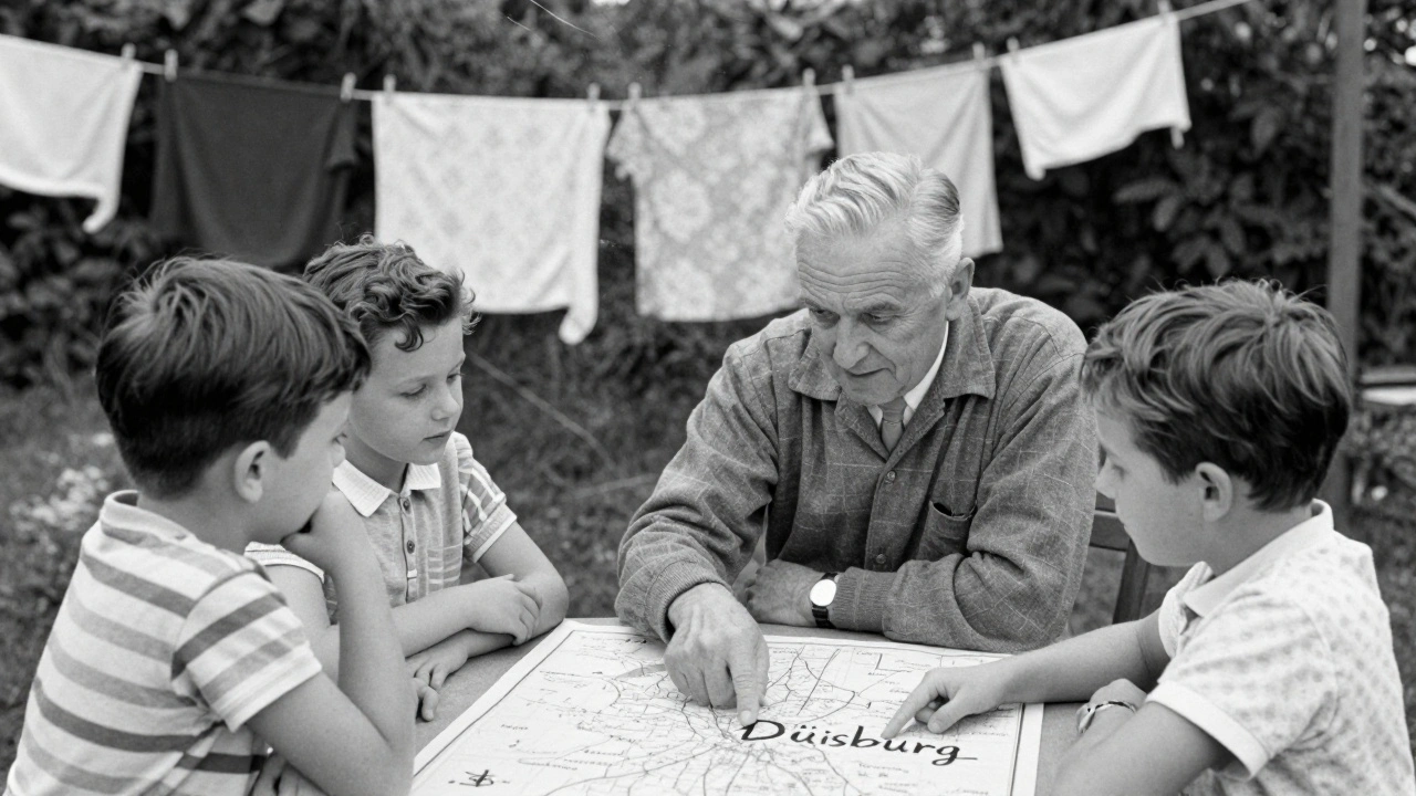 Eine Familie in den 1950er Jahren spricht über den Namen Duisburg, Großvater zeigt auf eine Karte.
