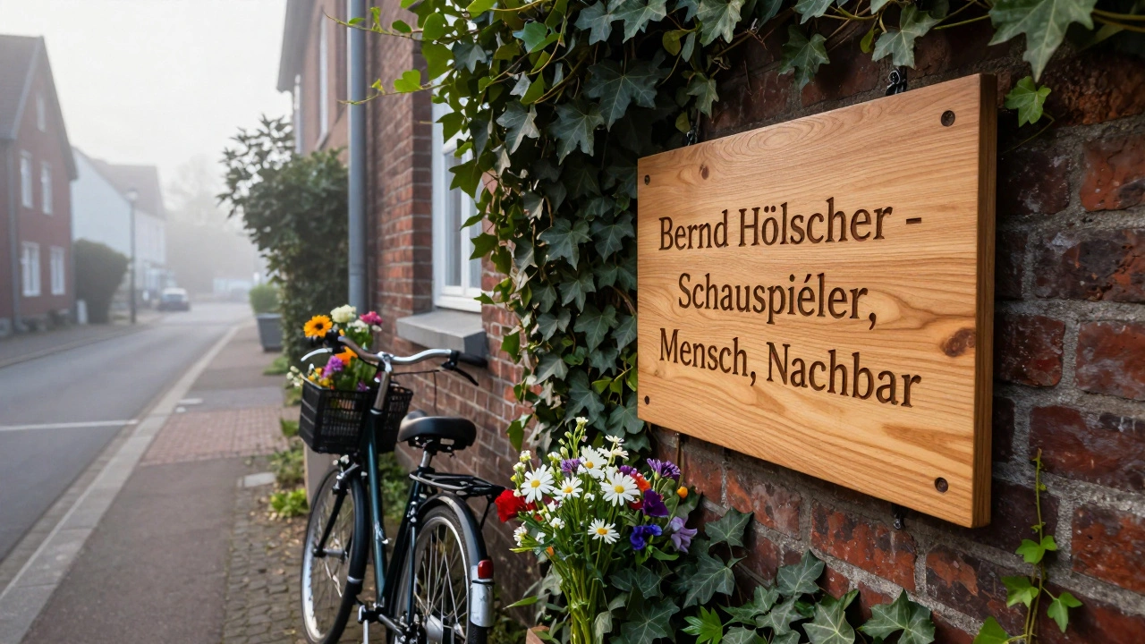 Eine Gedenktafel mit Bernd Hölschers Namen an einer ruhigen Straße, umgeben von Blumen.