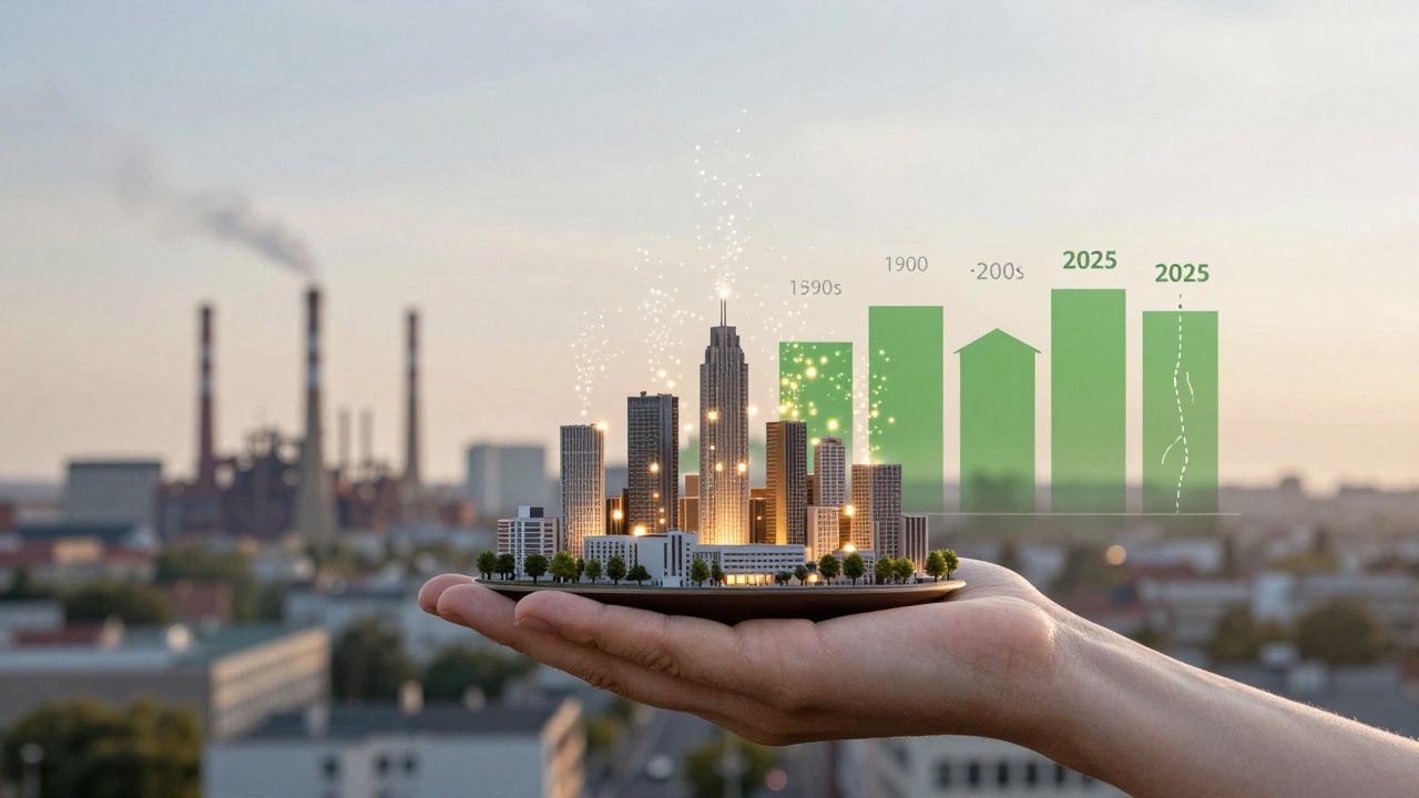 Eine Hand hält ein Modell der Stadt Oer-Erkenschwick, während Lichtpunkte für Bewohner nach oben steigen — Symbol für Bevölkerungswachstum.