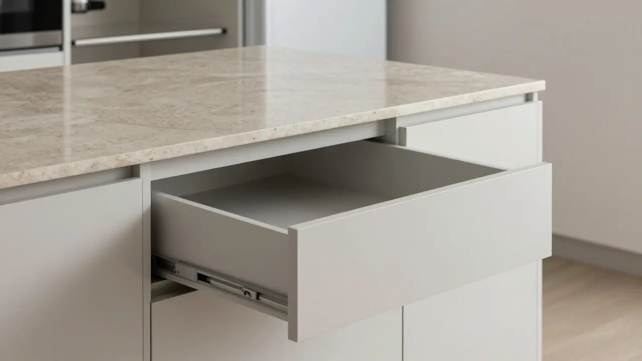 Eine Küche mit einer einzigen Steinarbeitsplatte und leise laufenden Einbaugeräten, ohne sichtbare Technik oder Dekoration.