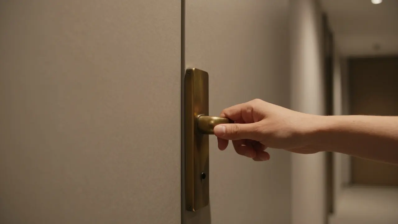 Eine schwere Bronzetürgriff wird sanft geschlossen, reflektiert warmes Licht, hinter einer perfekt isolierten Wand.