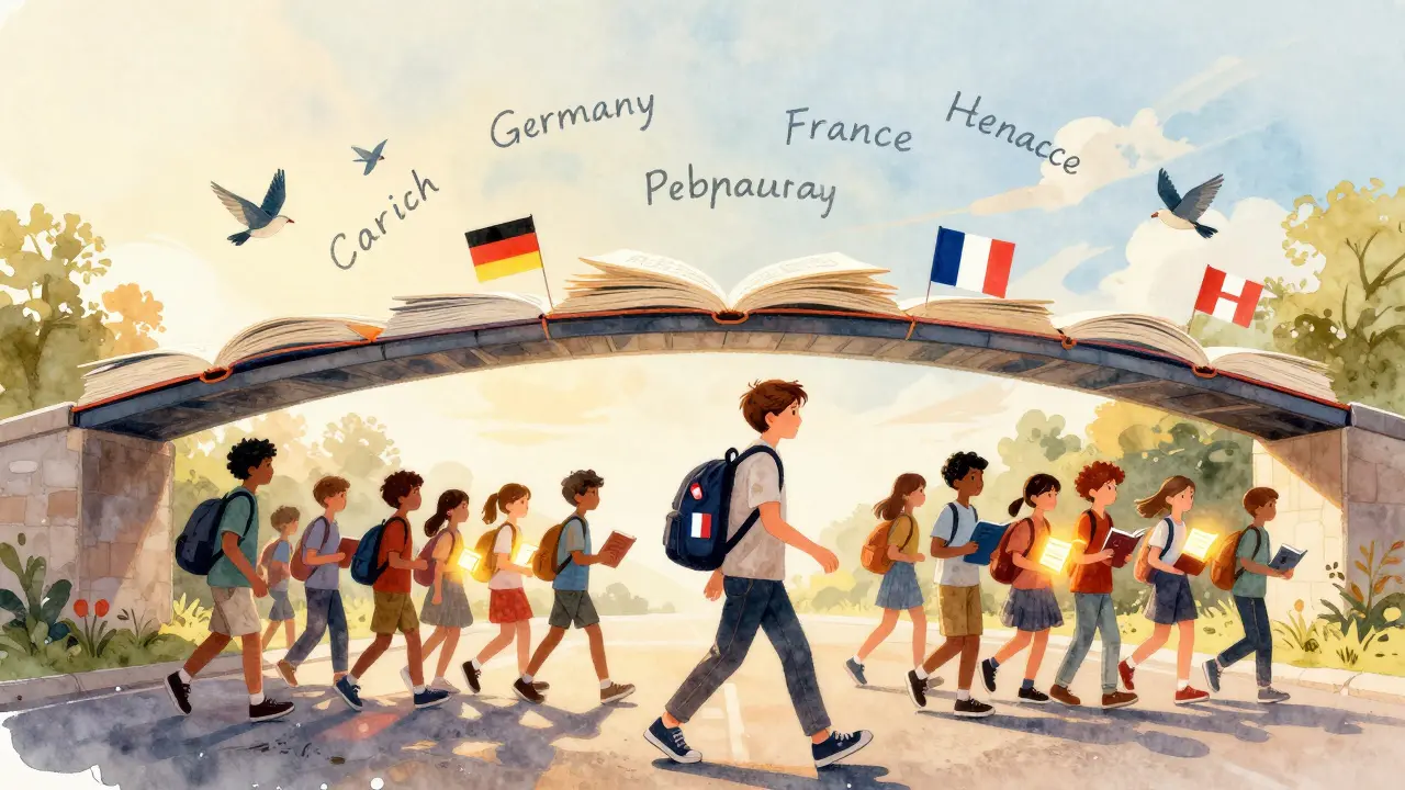Eine symbolische Brücke aus Büchern verbindet Deutschland und Frankreich, mit Schülern, die beide Sprachen tragen.
