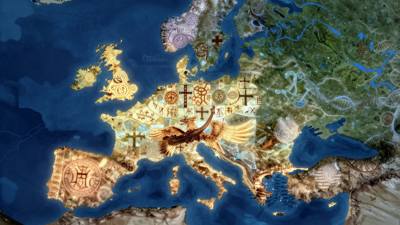 Genetische Karte von Nordrhein-Westfalen als leuchtendes Mosaik aus keltischen, römischen und germanischen Symbolen über der Landschaft.