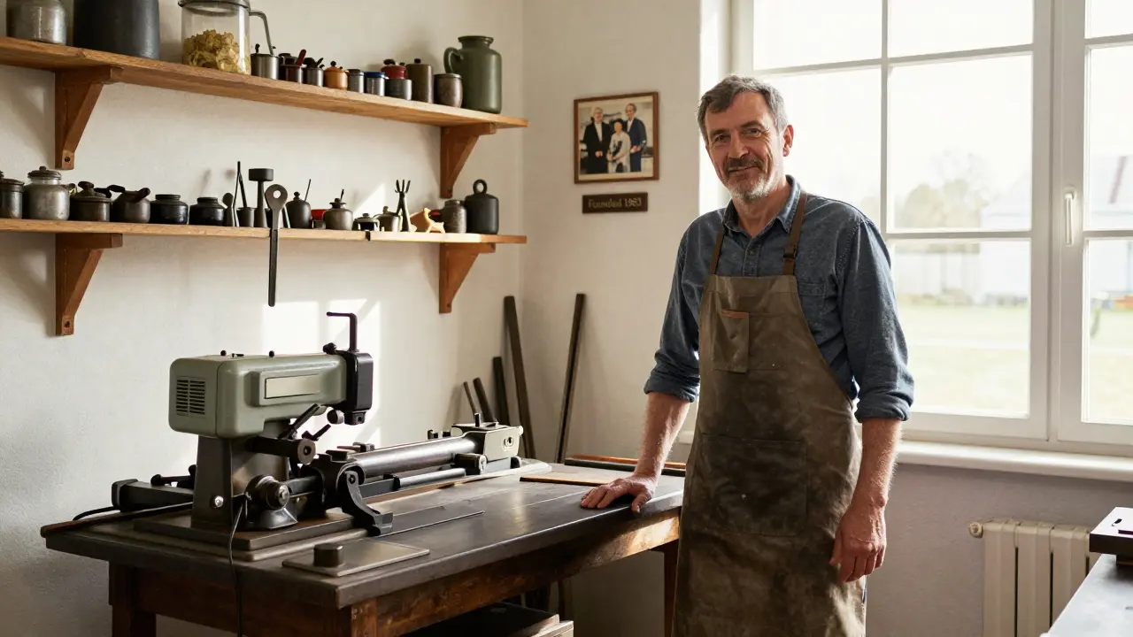 Handwerker vor seinem kleinen Maschinenbau-Betrieb mit alten Werkzeugen und einem Familienfoto an der Wand.