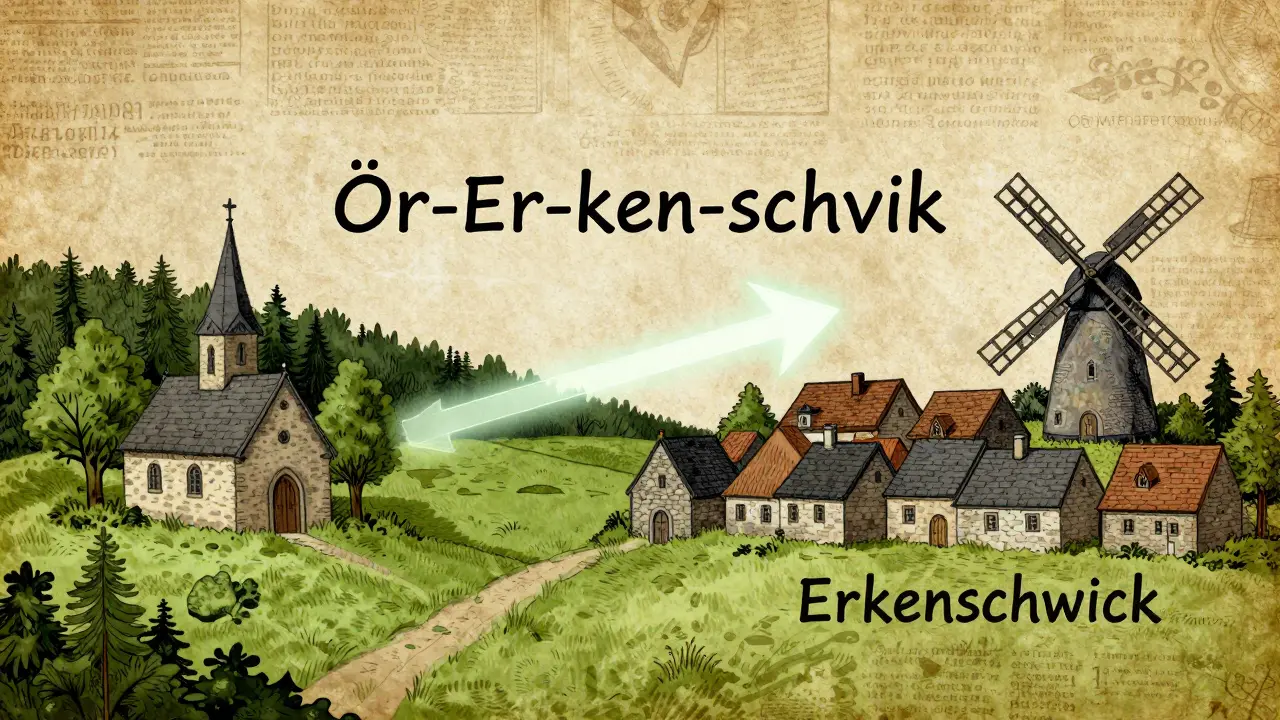 Historische Darstellung der verschmolzenen Dörfer Oer und Erkenschwick mit phonetischen Symbolen in volkstümlichem Stil.