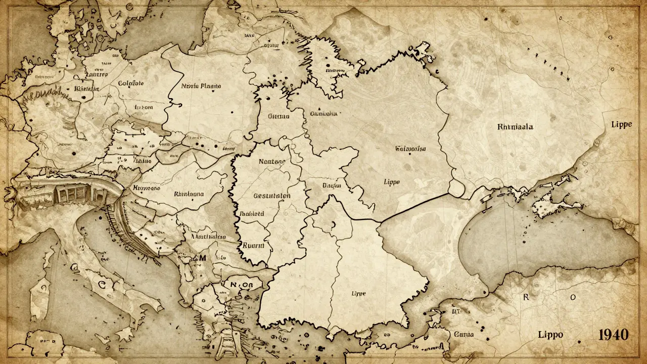 Historische Karte der Regionen Westfalen, Rheinland und Lippe vor der Bildung von Nordrhein-Westfalen.