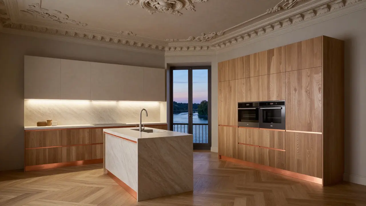 Innenraum eines historischen Luxushauses mit handgefertigten Holzböden, Stuckdecke und integrierter Küchentechnik in dezenter Beleuchtung.