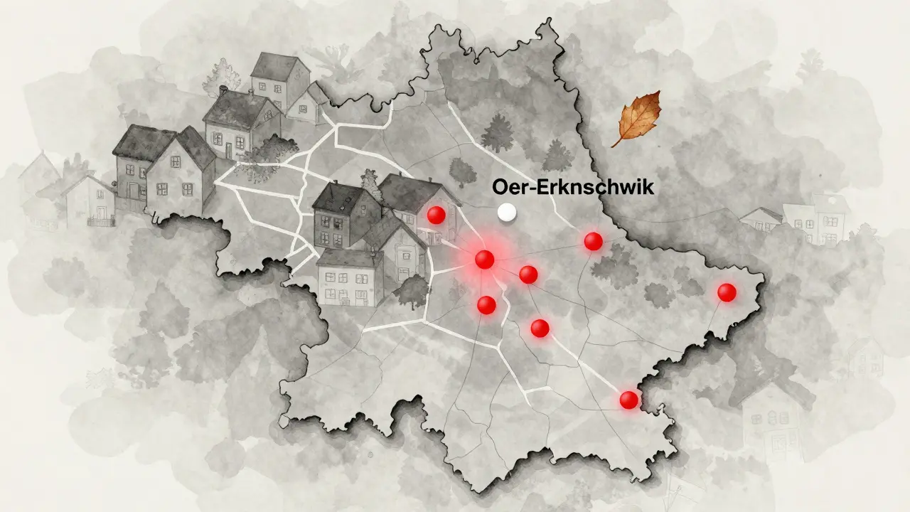 Karte von Nordrhein-Westfalen mit einem kleinen, abgelegenen Punkt für Oer-Erkenschwick, symbolisch isoliert von Großstädten.