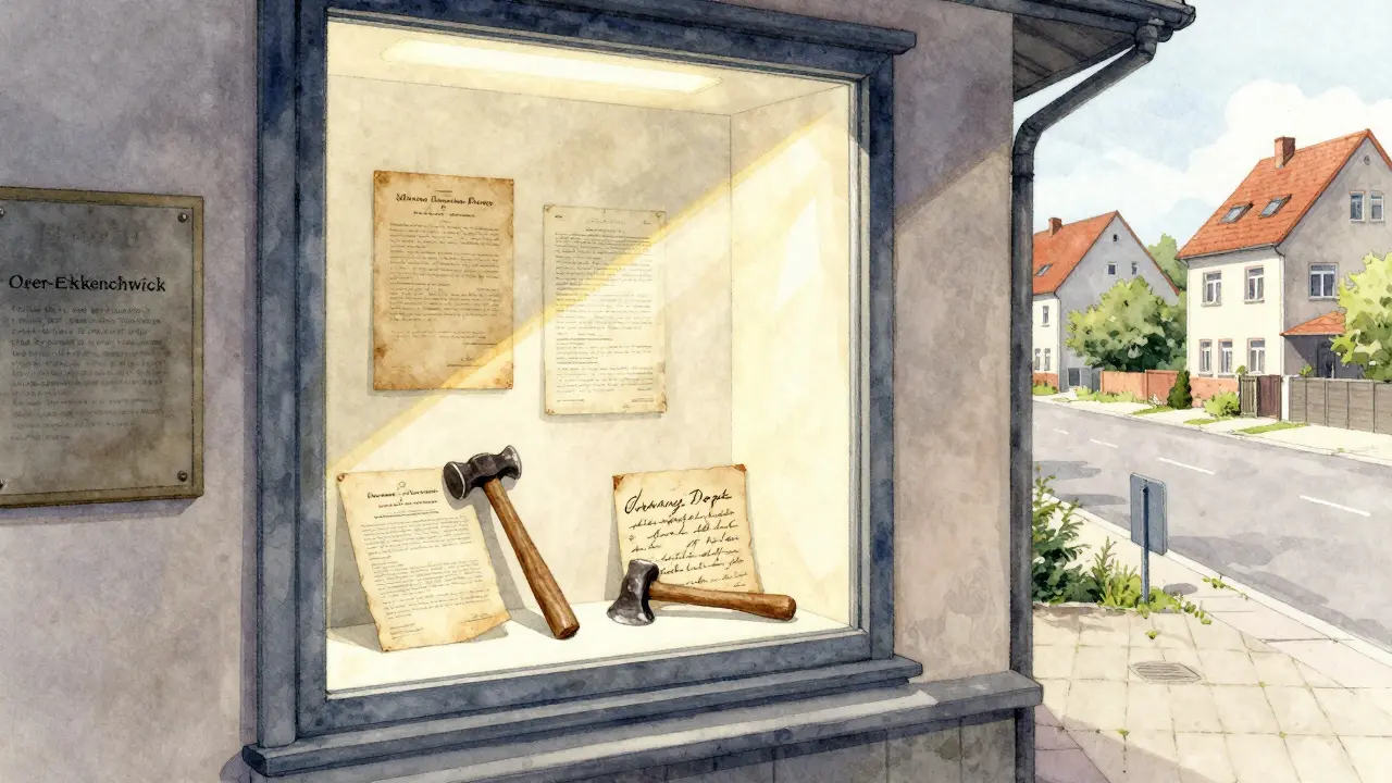 Kleiner Ausstellungskasten im Rathaus von Oer-Erkenschwick mit alten Dokumenten und einem Brief von Johnny Depp.