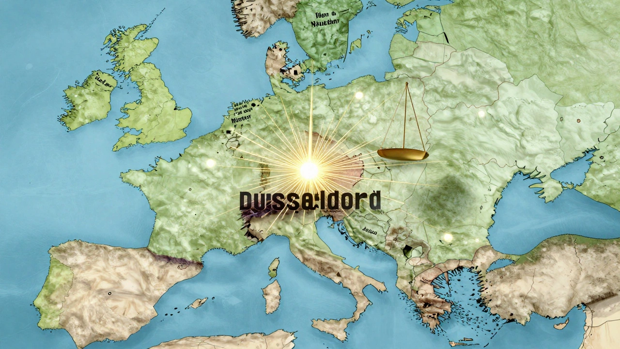 Konzeptuelle Darstellung von Düsseldorf als zentrales Verwaltungszentrum zwischen den Trümmern von Köln und dem ruhigen Münster.