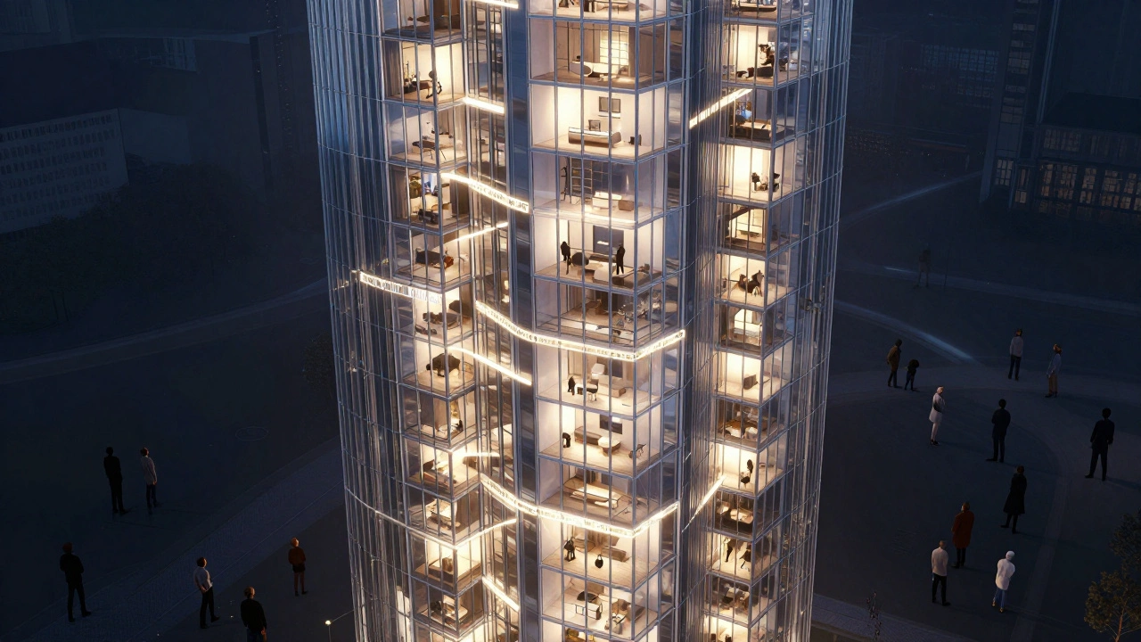 Konzeptuelles Bild einer Prestige-Immobilie als leuchtende Wohnungstürme in Frankfurt.