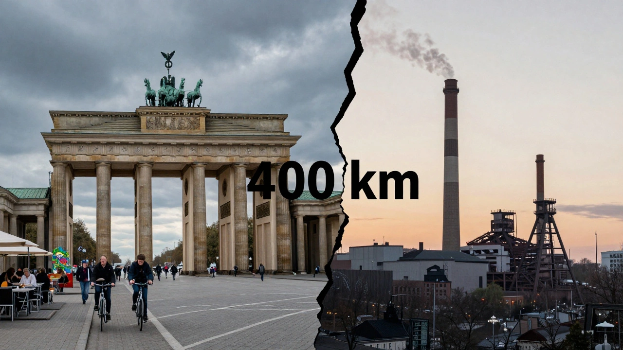 Linker Teil: Berliner Straße mit Brandenburger Tor; rechter Teil: Industriegebiet Ruhrgebiet mit Schornsteinen.