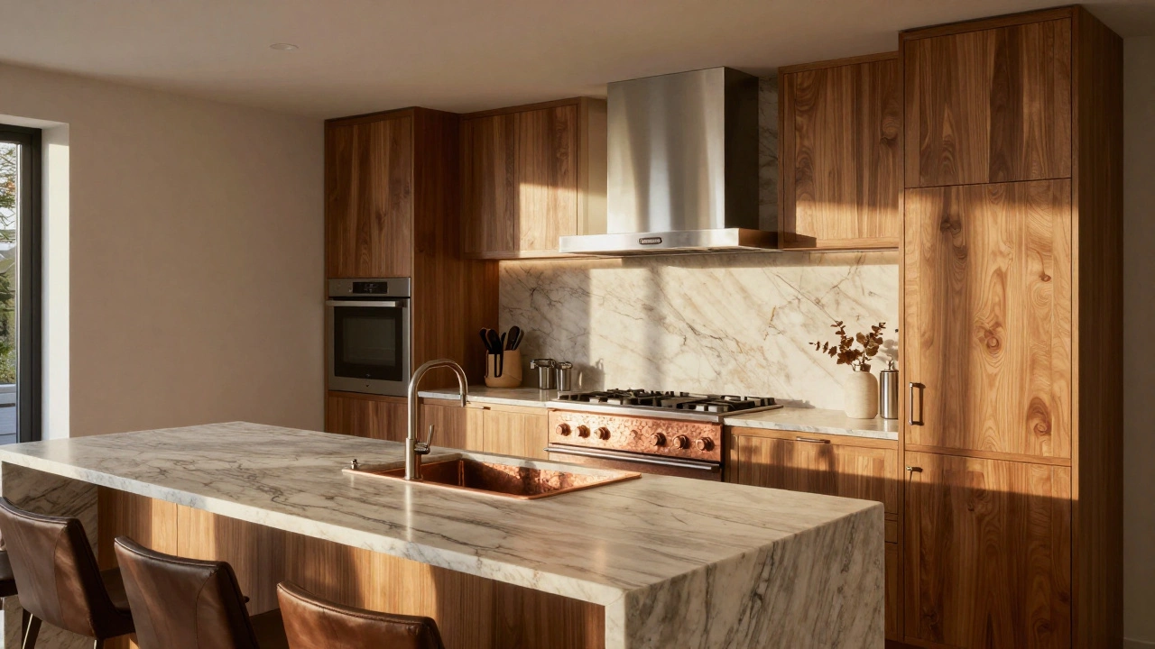 Luxusküche mit massivem Eichenholz, Kupferspüle und integrierten Premium-Geräten