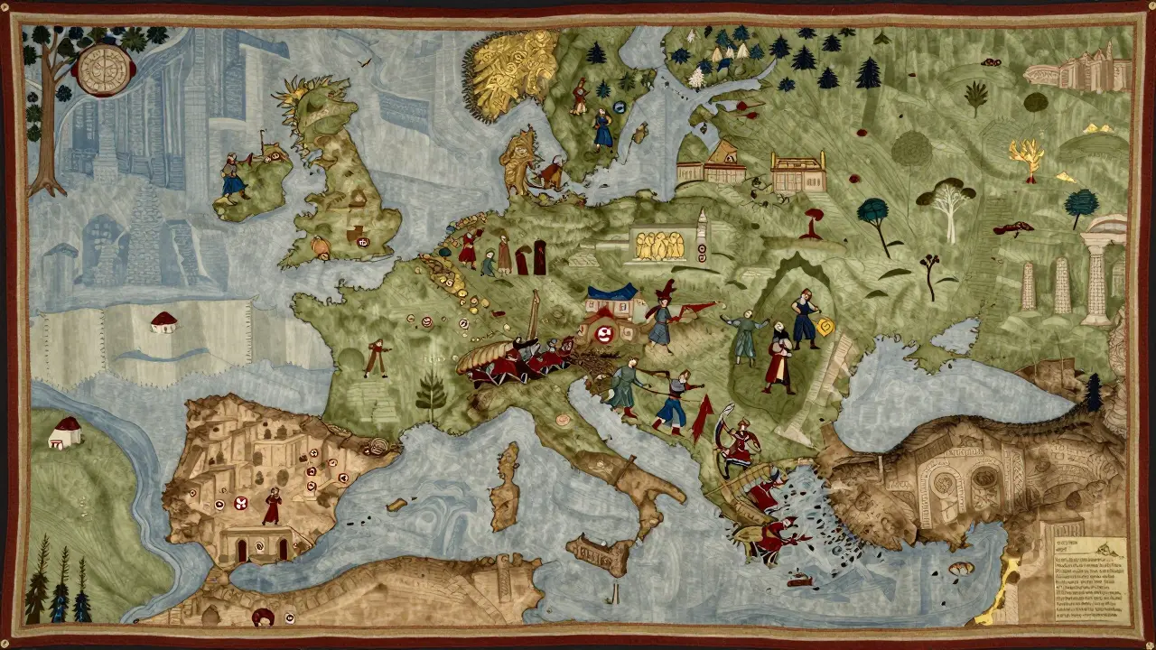 Medieval Tapisserie mit wandernden Stämmen, römischen Ruinen und festen Siedlungen entlang des Rheins in stilisierter Handzeichnung.