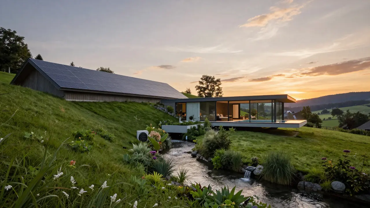 Nachhaltiges Luxus-Anwesen mit Solardach, natürlichem Wasserlauf und schwimmendem Pool, harmonisch in die Landschaft eingebettet.