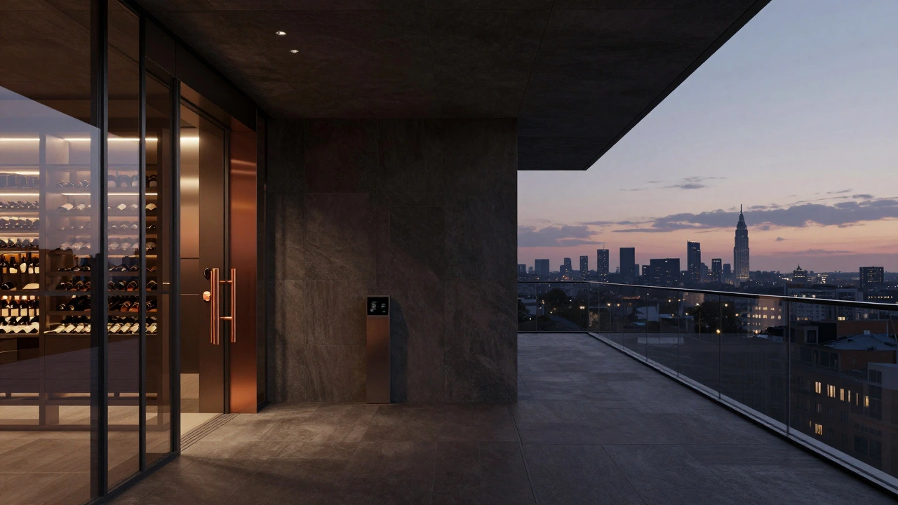 Penthouse in München mit großem Balkon, Weinkeller und privatem Aufzug im Dämmerlicht.