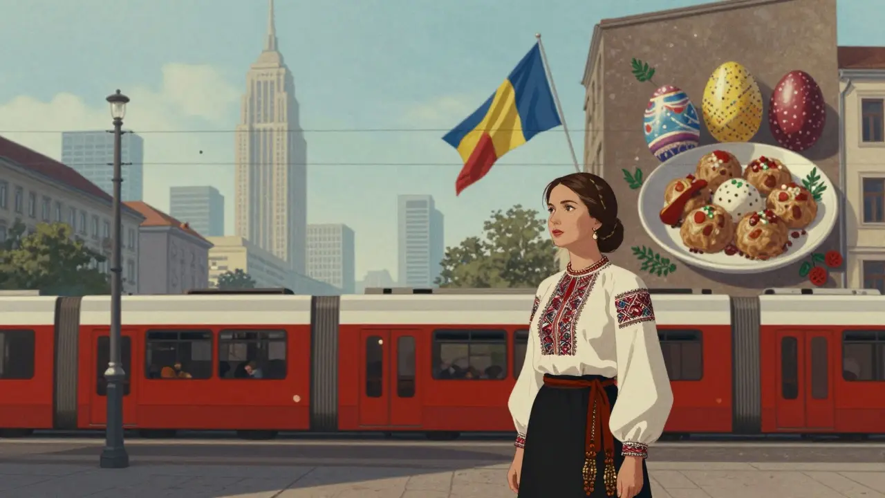 Stadtbild mit rumänischen kulturellen Elementen in Berlin, ohne Flaggen oder Texte.