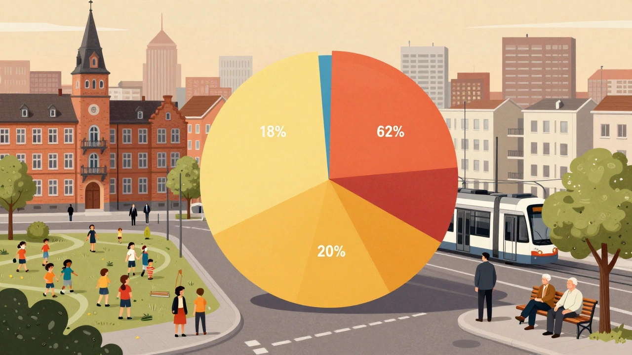 Stadtsilhouette mit drei Bevölkerungsgruppen: Kinder, Berufstätige und Senioren, dargestellt als lebendige Stadtteile in einem künstlerischen Diagramm.