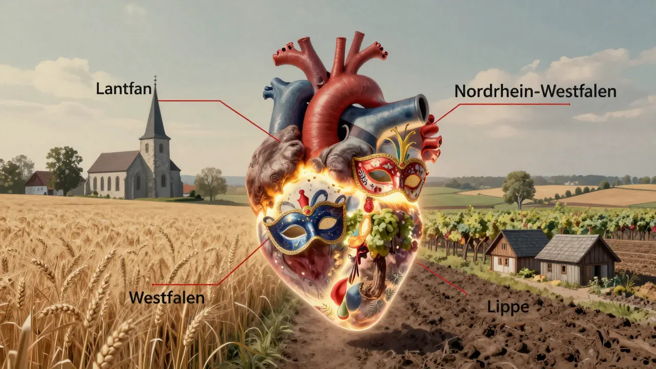 Symbolisches Herz mit den kulturellen Identitäten Westfalen, Rheinland und Lippe als getrennte Bereiche.
