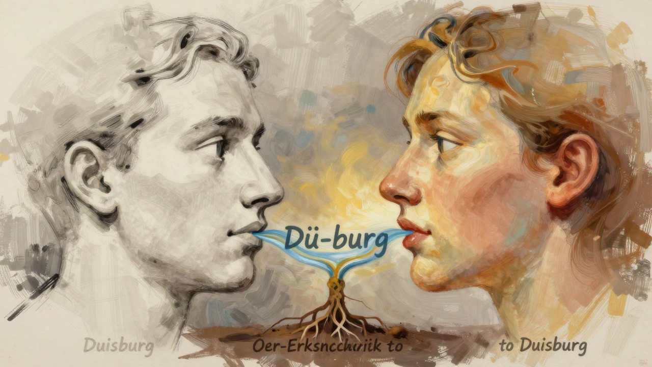 Zwei Gesichter: eines für die geschriebene, eines für die gesprochene Form von Duisburg, verbunden durch Wurzeln.