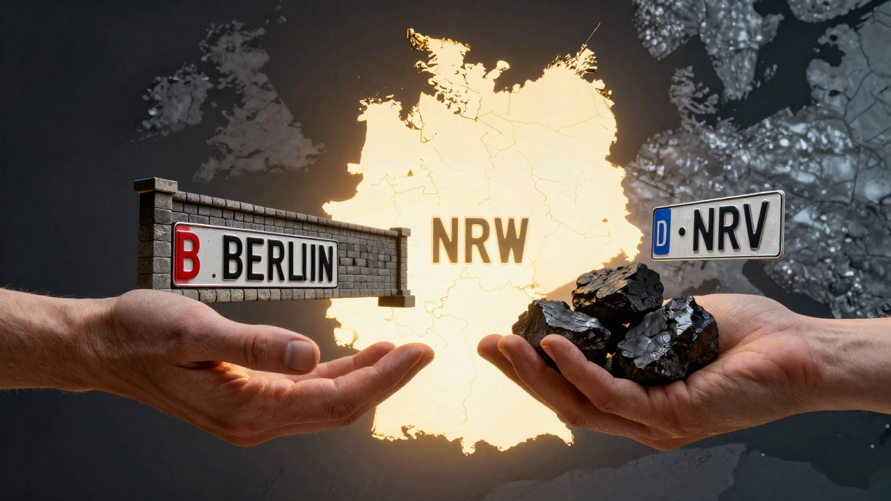Zwei Hände halten Symbole von Berlin und NRW — Mauerstück mit &#039;B&#039; und Kohle mit &#039;D&#039; — getrennt durch eine Karte Deutschlands.